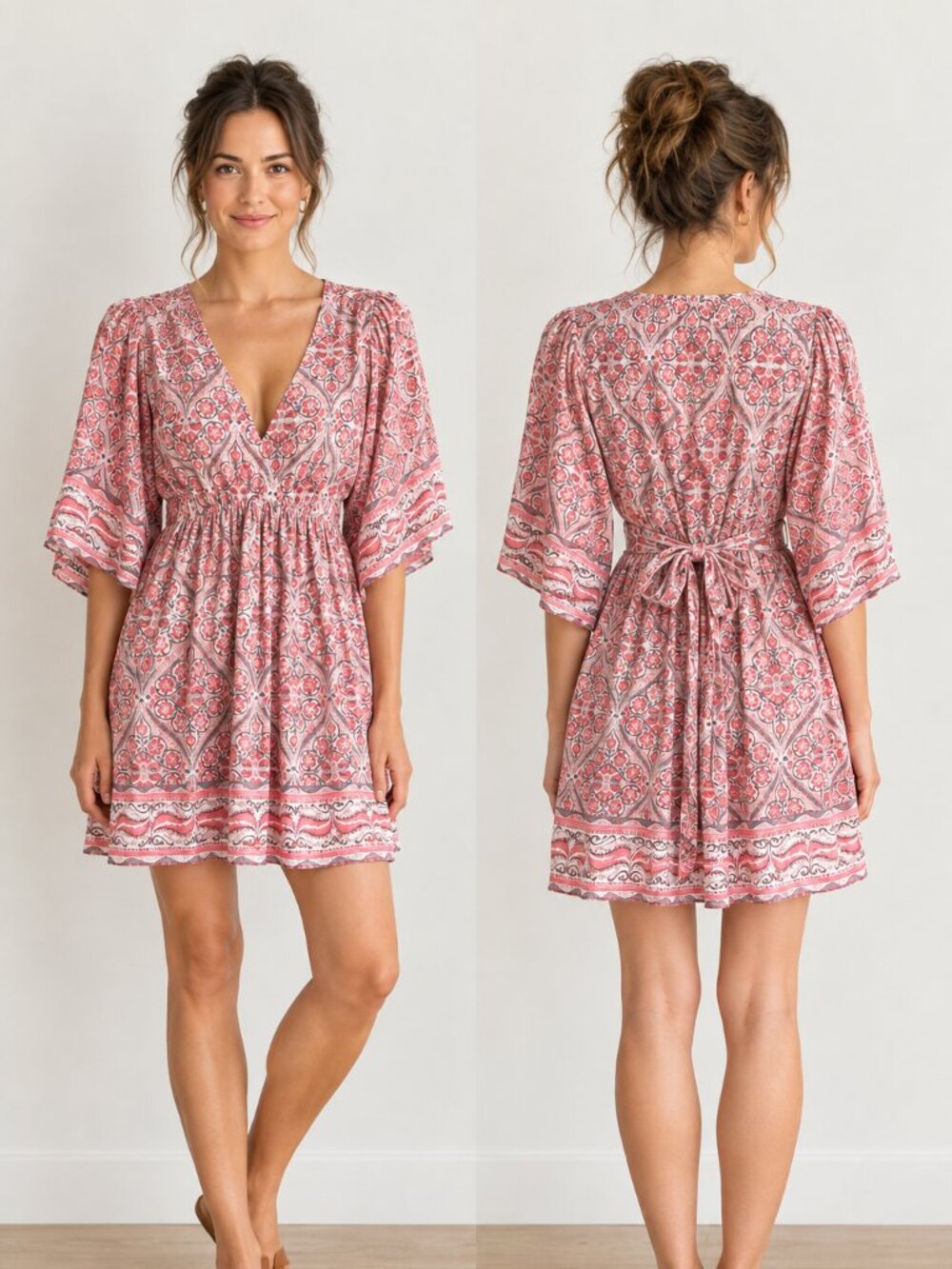 Bell Silk Cotton Popover Tie Boho Waist V-Neck Floral 3/4 Sleeve Tunic Dress, S